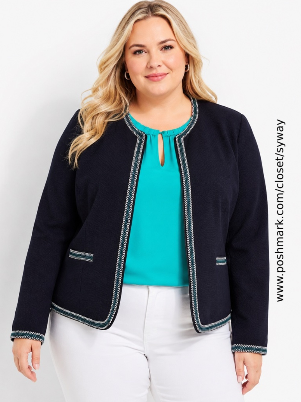 Talbots Navy Open-Front Textured Jacket with Teal Braided Trim